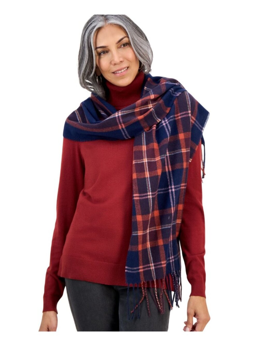 NWT Style & Co. Womens Tartan Plaid Scarf Fringe SC9542501 Navy Blue Multi